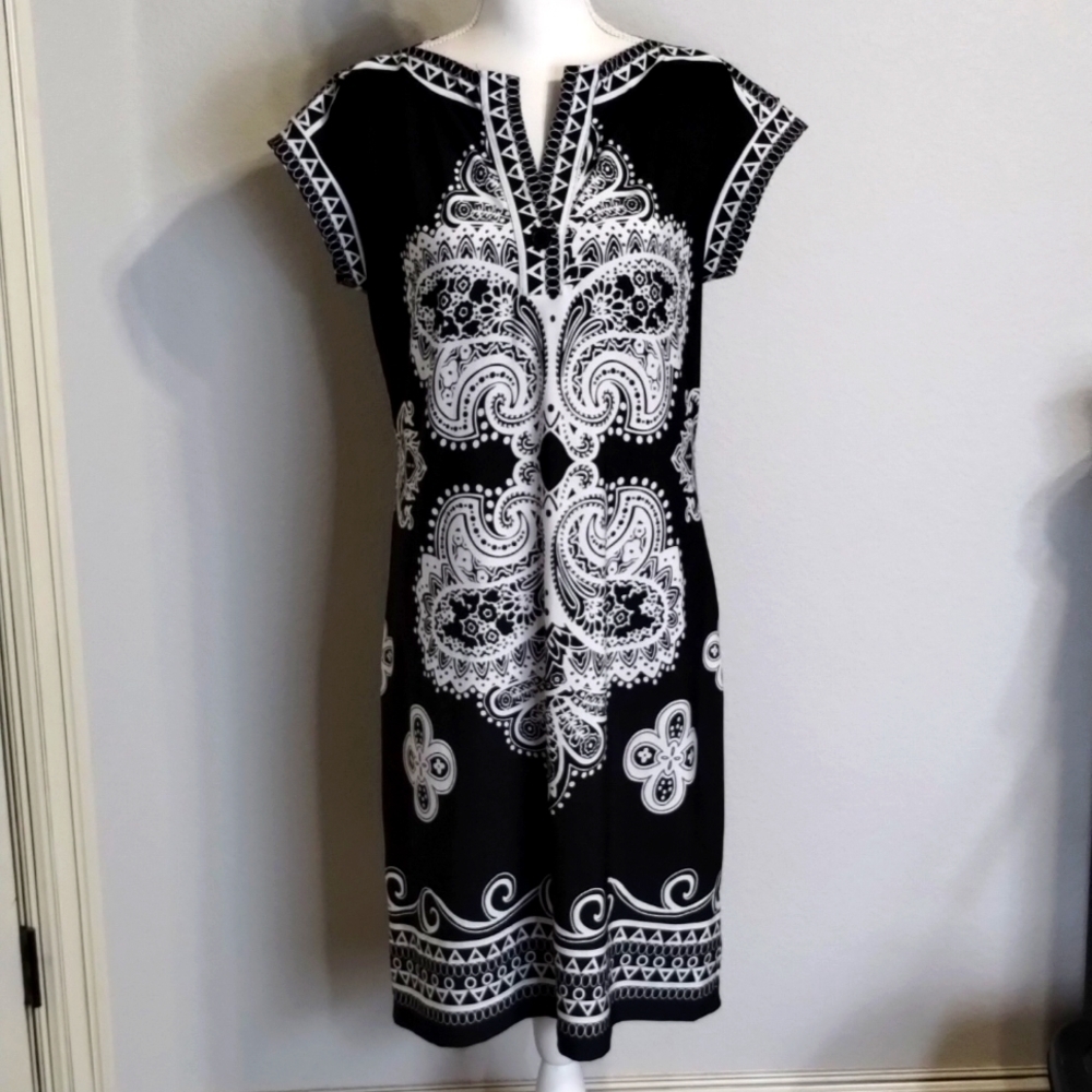 VOIR VOIR dress midi black white paisley floral design size 12 stretch